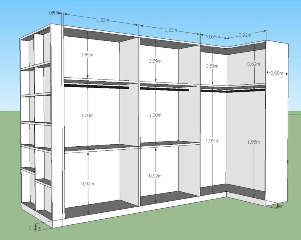 Projeto de armário planejado em três dimensões, com as medidas de cada nicho, prateleira e cabideiro anotadas